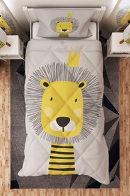 Resim BelezaHome Gri Sarı Aslan Desenli Tek Kişilik Çocuk Yorganı Uyku Seti 