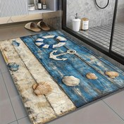 Resim Deniz mavisi ve beyaz ahşap kabuk paspas, makinede yıkanabilir, kaymaz ve dayanıklı, giriş yolları, mutfaklar, banyolar ve duşlar için uygundur, kabarık dekoratif kilim. 