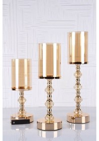Resim Kristal Taşlı Ayaklı Gold Şamdan Mumluk 3'lü Set -6010 