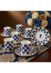 Resim Horse Mavi Beyaz Dama Dekor 6 Kişilik Porselen Kahve Fincan Takımı 90 Ml. Mavi - Beyaz 