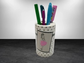 Resim 2 Adet Kalemlik Pembe Elbiseli Kadın Model Seramik Ofis Gereci 7x7x11cm Çok Renkli 