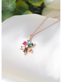 Resim Zanaatsilver 925 ayar Gümüş Zincirli Mix taşlı Rose kaplama Lotus Kamelya Çiçeği kolye 