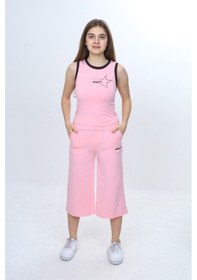 Resim Toontoy Kids Toontoy Kız Çocuk 2'li Takım Bisiklet Yaka Baskılı Atlet & Beli Lastikli Bol Paça Baskılı Kapri 24997 Pembe 