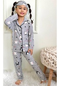 Resim Kız Çocuk Düğmeli Kedi Desenli Uzun Kollu Pijama Takımı-932 Gri 