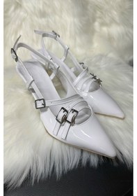 Resim Günlük Kadın Rugan Arkası Açık Tokalı Ayarlanabilir Kemerli Sivri Burunlı İnce Topuklu Ayakkabı 44 Beyaz 