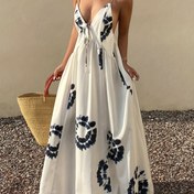 Resim Elegant Floral Print Bohemian Maxi Dress, Cross Strap Back, V-Neck ve Bağcıklı Bel - Rahat ve Resmi Duruşlar İçin Mükemmel, Bohem Tarzı, Zarif V-Neckline 