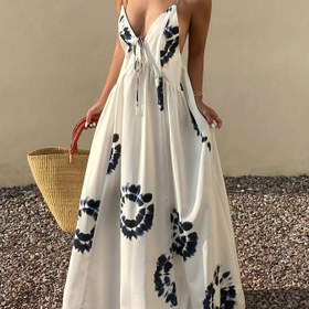 Resim Elegant Floral Print Bohemian Maxi Dress, Cross Strap Back, V-Neck ve Bağcıklı Bel - Rahat ve Resmi Duruşlar İçin Mükemmel, Bohem Tarzı, Zarif V-Neckline 