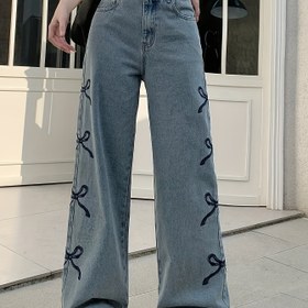 Resim Genç Kızlar Y2K Koyu Fiyonk & Süslemeli Düz Paça Kot Pantolon - Esnek Bel Uzun Pantolon, Vintage Kaykay & Paten Kıyafeti, Okul, Noel ve Cadılar Bayramı İçin Tüm Sezonluk Denim (Makinede Yıkanabilir) - Genç Moda Giyim 