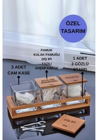 Resim 3'lü Standlı Kulak Pamuğu Pamuk Ve Diş İpi Kavanozu Cam Pamukluk, Dekoratif Banyo Düzenleyici Şeffaf 