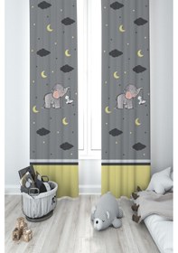 Resim Mekta Home Bebek Ve Çocuk Odası Fil Ve Tavşan Desenli Gri 2 Kanat Fon Perde 