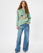 Resim Kedi Baskılı Kapüşonlu Şardonlu Oversize Sweatshirt 