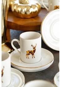 Resim Heda Porselen Geyik 12 Parça 6 Kişilik Porselen Kahve Fincan Takımı Kırık Beyaz 