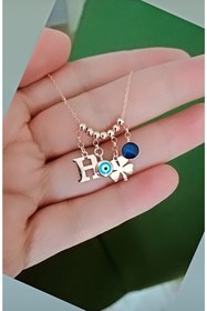 Resim Hülya Gümüş Erdek Mineli Nazar Boncuklu Altın Işçiliği H Harfli Yonca 925 Ayar Gümüş Kolye 