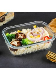 Resim Qerhome Bambu Kapaklı 2'li Diktörtgen Vakumlu Kase Cam Saklama Kabı 1500 Ml Şeffaf 