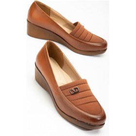 Resim Kadın Dolgu Topuklu Ayakkabı Taba Streç Cilt Yüzü Dikişli-3195 Taba 