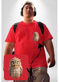 Resim Baykuş Kırmızı Büyük Beden Kadın Basic Minimal Baskılı Tişört Kırmızı 