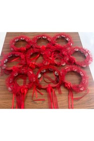 Resim Patiska Nostalji Kına Gecesi Tefi, 10 Adet Lazer Çiçekli, Kristal Tüllü ve Kurdele Süslü Tef 