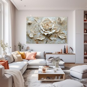 Resim Kremli Çiçek Kelebekler - 90x60 