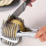 Resim 1 adet ABS saplı paslanmaz çelik limon domates dilimleyici tutucu, el tipi yuvarlak meyve soğan dilimleyici kılavuz kelepçesi, patates limon kesici mutfak aleti ev ve açık hava yemek pişirme için 