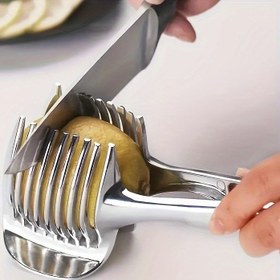 Resim 1 adet ABS saplı paslanmaz çelik limon domates dilimleyici tutucu, el tipi yuvarlak meyve soğan dilimleyici kılavuz kelepçesi, patates limon kesici mutfak aleti ev ve açık hava yemek pişirme için 