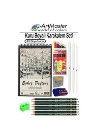 Resim A5 Eskiz Defteri 50 Yaprak Spiralli Kuruboyalı Fatih Dereceli Kalem Karakalem Çizim Set Hamur Silgi Gölgelendirme Kalemi 