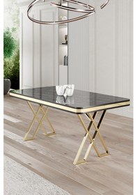 Resim Canisa Vals Serisi 80x130 Lak Panel Siyah Mermer Desen Masa Takımı Gold Ayaklı 4 Gri Sandalye Masa Siyah Mermer Desen Sandalye Gri 