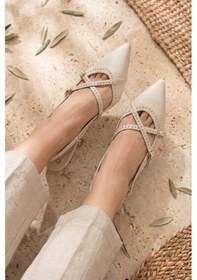 Resim Stilbagshoes Livia Çapraz Bant Taş Detaylı Arka Açık Kadın Topuklu Ayakkabı Bej 