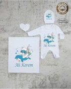 Resim yzc home size dair... E55 Bt Isimli Erkek Bebek Battaniye Tulum Şapka Eldiven Set Hastane Çıkışı %100 Pamuk 