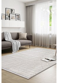 Resim Yalın Bukle Salon Halısı Hav Vermez Mutfak Halısı Çocuk Odası Halısı Koridor 5579 Gri Krem Krem 