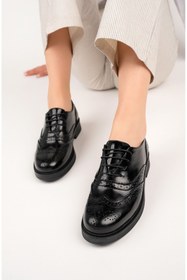 Resim GRADA Hakiki Deri Bağcıklı Kadın Siyah Rugan Oxford Ayakkabı Kadın Brogue Klasik Deri Ayakkabı Günlük 