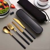 Resim 4 adet Yuvarlak Taşınabilir Tutma Saplı Yemek Takımı, Paslanmaz Çelik Spork, Çatal, Kaşık ve Çatal, Depolama Kutusu ile, Açık Hava Seyahati, Piknik, Parti, Yurt, Okul ve Seyahat için 