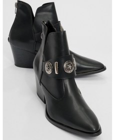 Resim Luvishoes Luvi Shoes Kenda Siyah Cilt Arkadan Fermuarlı Tokalı Kadın Kalın Topuklu Bot Sıyah Cılt 