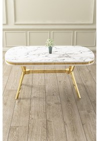 Resim Canisa Epal Serisi 90x168 Lak Panel Beyaz Mermer Desen Masa Takımı Gold Ayaklı 6 Cappucino Sandalye Beyaz Mermer Desen Masa Sandalyeler Cappucino 