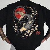 Resim Erkekler için rahat altın koi balığı ve şeftali çiçeği baskılı tişört - Bol kesim, kısa kollu, yuvarlak yaka, %100 polyester, yaz dış giyim, rahat tarz, yaz rahat giyim | Rahat fit üst | Parlak bitiş, BÜYÜK BEDEN 