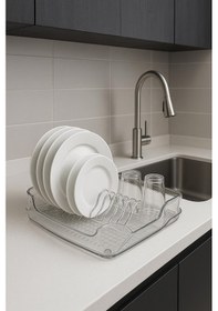 Resim Şeffaf Akrilik Tabaklık Bulaşıklık Düzenleyici 2 Parça 37x38x7 Cm Beyaz 
