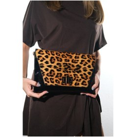 Resim Maorı Siyah Sarı Desenli Rugan Kadın Clutch Çanta Leopar 