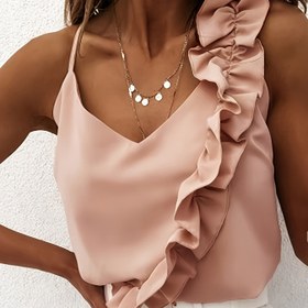 Resim Şık V-Yaka Kolsuz Fırfır Detaylı Üst - Seksi Sırt Tasarımı, Düz Pembe Renk, Makinede Yıkanabilir, Her Mevsime Uygun, Kadın Modası 