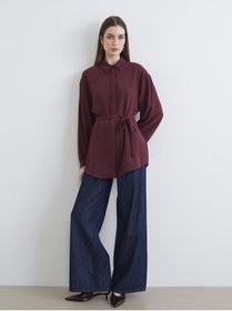 Resim LC Waikiki LCW Modest Bordo Beli Kuşaklı Oversize Kadın Gömlek Tunik 