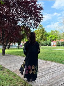 Resim Siyah Mercan Desenli Kaftan Kimono Renkli Desenli Salaş Plaj Ve Günlük Kullanım Siyah - Turuncu 