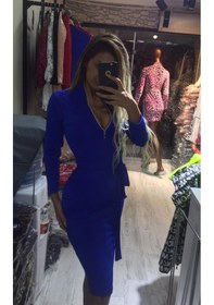 Resim Pink Life Saks Mavi Dalgıç Fermuar Detaylı Midi Elbise Saks Mavi 