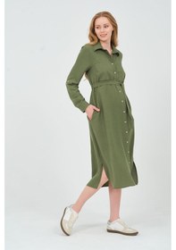Resim Busa Hamile Gömlek Yaka Önden Cepli Midi Boy Elbise Haki 