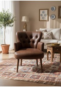 Resim Waterybrook Tekli Berjer Koltuk - Kapitoneli Suni Deri - Ceviz Ahşap Ayaklı - Modern Tasarım Acı Kahve 