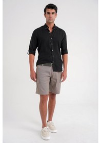 Resim Comfort Fit Düğme Yaka Katlanır Kol %100 Keten Düz Siyah Gömlek G 1595 Siyah 