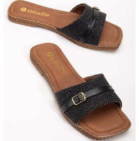 Resim Kadın Düz Topuk Terlik Siyah Hasır Kalın Tek Bant-3898 Siyah 