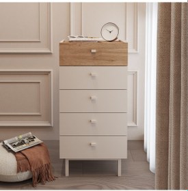 Resim Robinhome Rhode Şifonyer 5 Çekmeceli Ahşap Ayaklı Kumsal-sepet Bej 