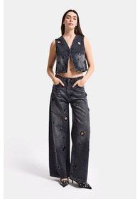 Resim Itsbasic Kadın Koyu Füme 2s6-1 Baggy Fit Kuş Gözü Tasarım Denim Jean 