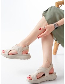 Resim T-221 Bej Spring Paraşüt Kumaş Lastikli Ortopedik Kadın Sandalet Altın - Taba 