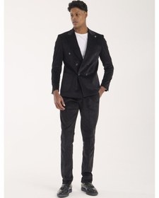 Resim Erkek Slim Fit Kalıp Kruvaze Kadife Takım Elbise Siyah 