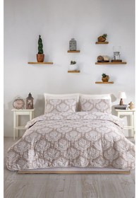 Resim Kapitone Yatak Örtüsü Seti Çift Kişilik Post Kahve Kahve 