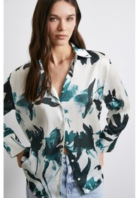 Resim Saten Yüzeyli Desenli Gömlek Yeşil Yeşil 